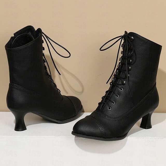 Women's Victorian Brown Lace-Up Mid-Heel Boots with Zipper