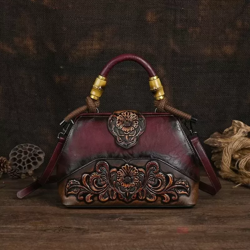 Women Vintage Leather Handmade Carved Bag