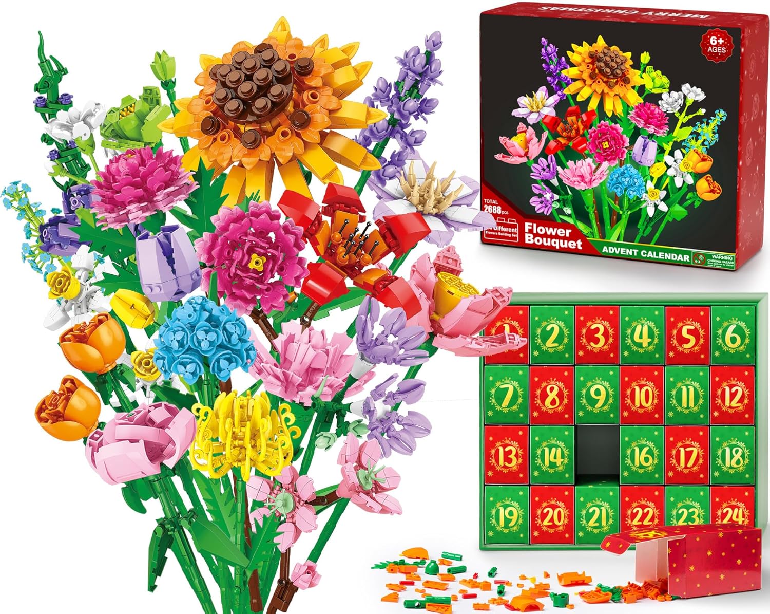Advent Calendar 2024 for Kids Adults Teens, 24 Days STEM Sunflower Bouquet Building Blocks Christmas Countdown Calendar Gifts Box with Artificial Flowers Bricks Toy Set for Boys Girls Women Men Age 6+