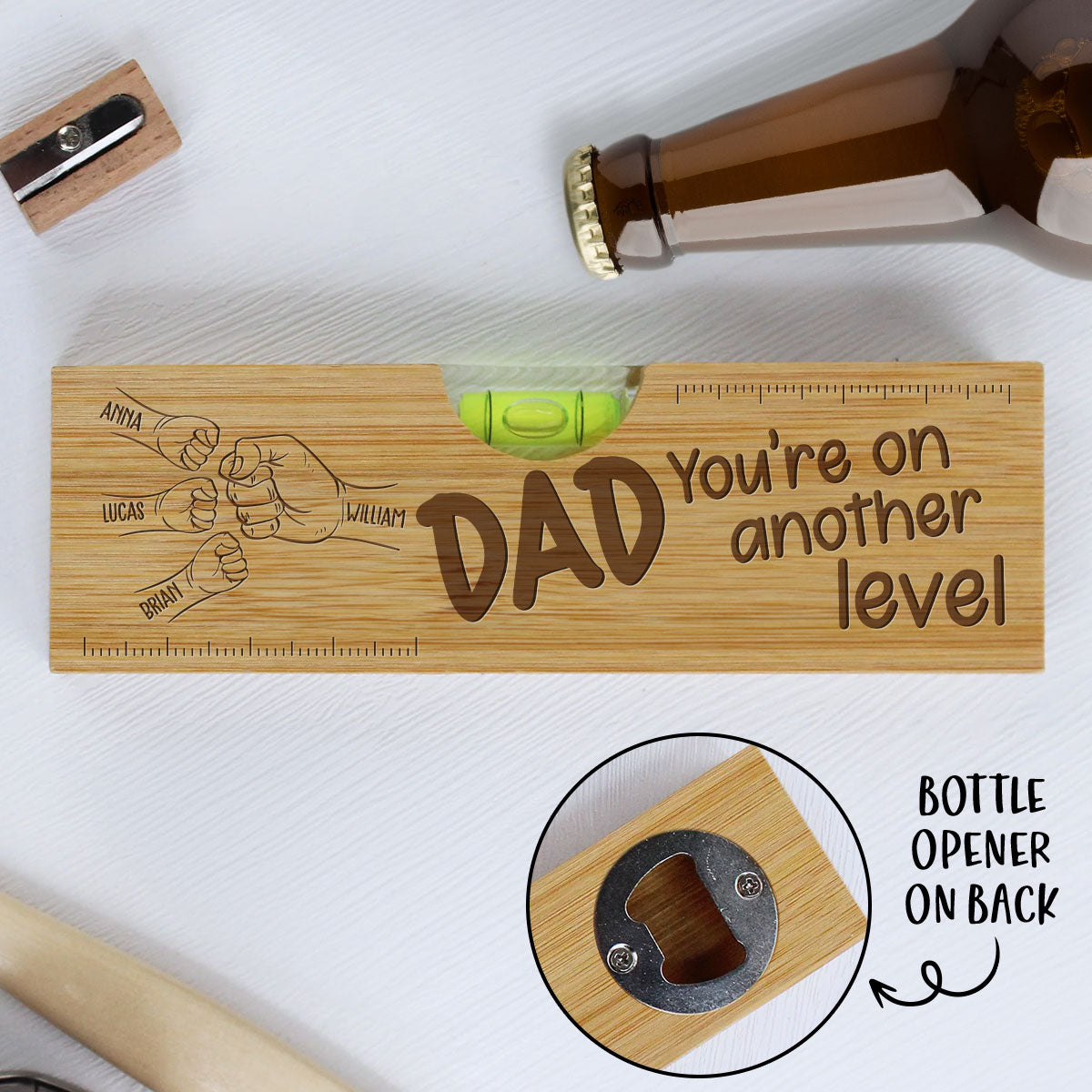 Dad Fist Bump - Personalized Custom Engraved Wooden Spirit Level Bottle Opener
