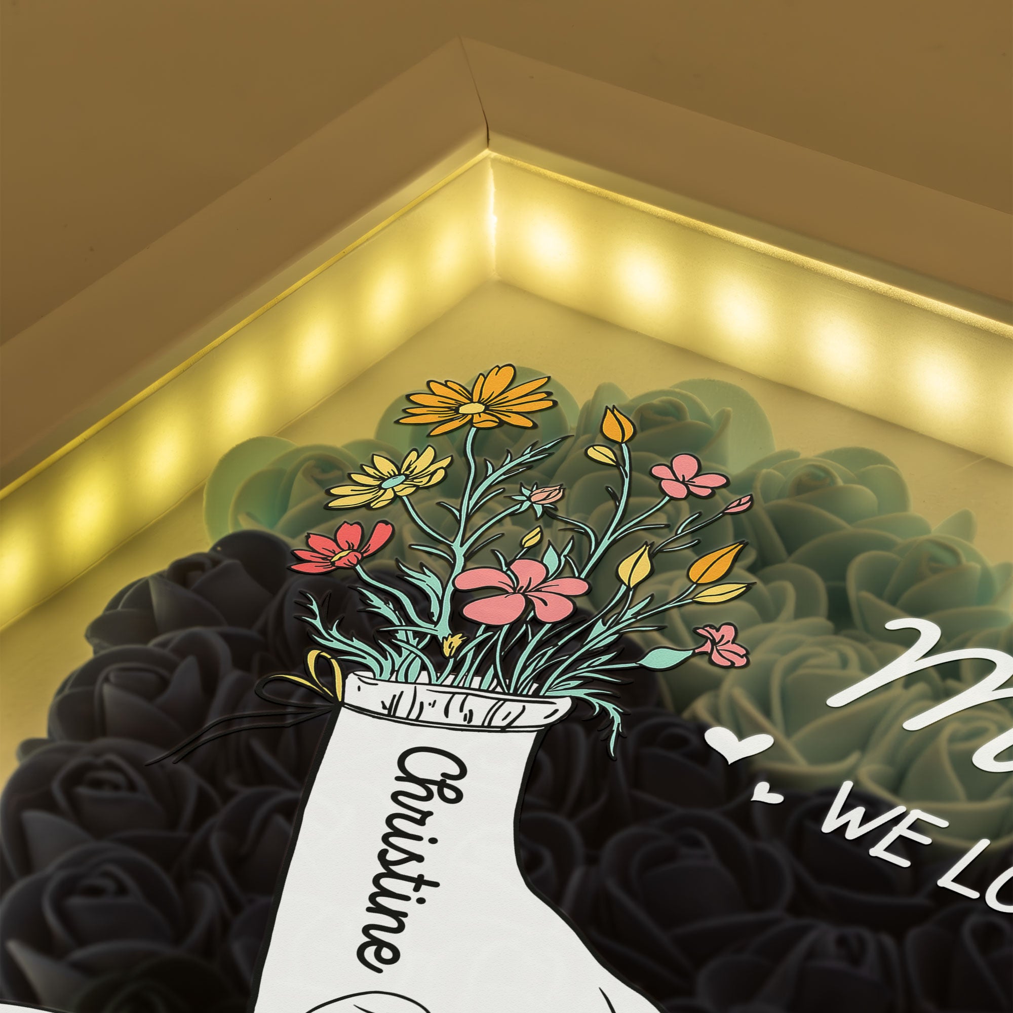 Mom Hands Holding We Love You - Personalized Flower Shadow Box with LED Light