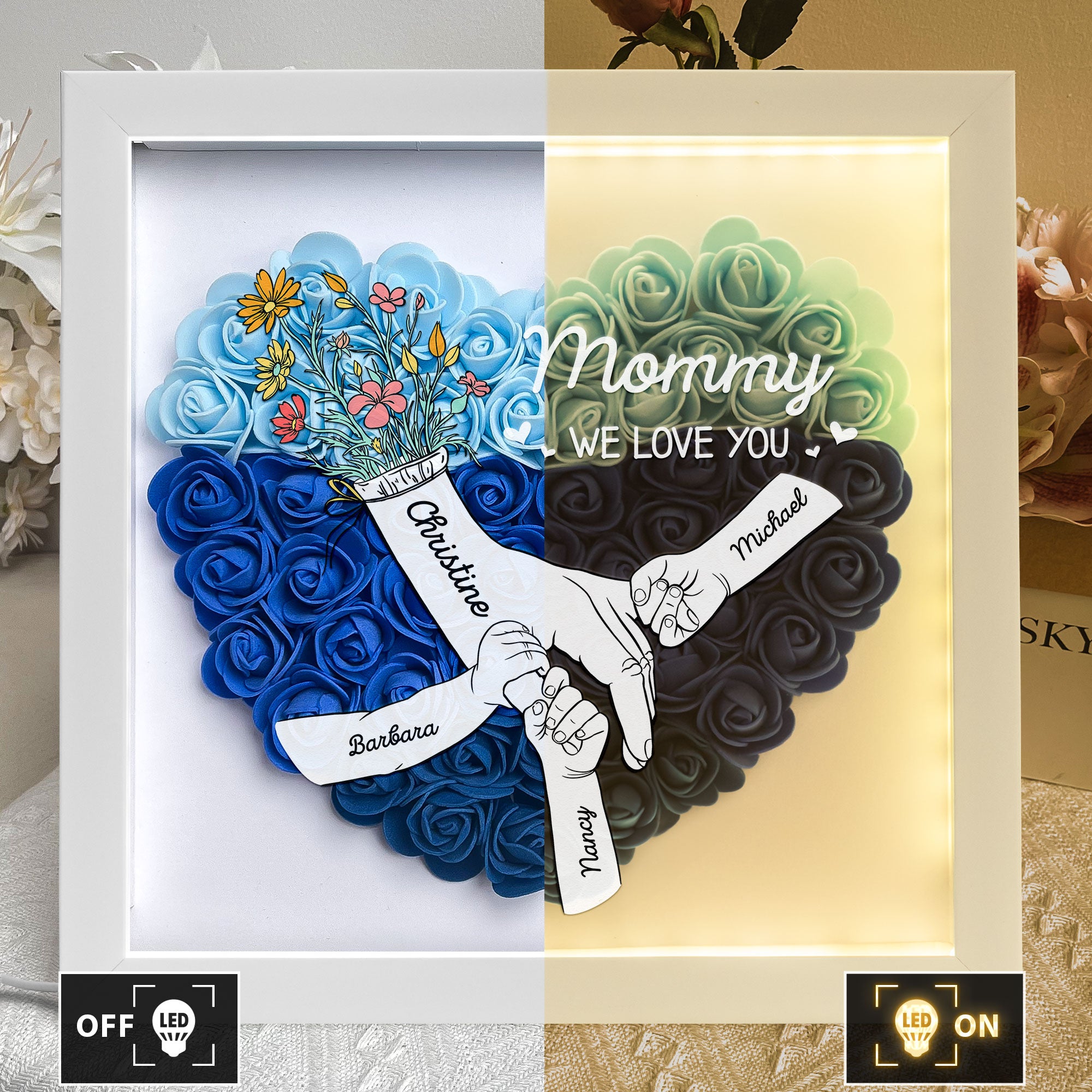 Mom Hands Holding We Love You - Personalized Flower Shadow Box with LED Light