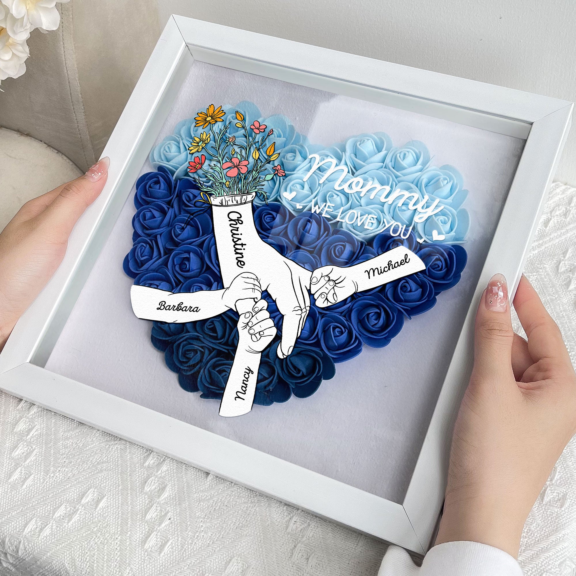 Mom Hands Holding We Love You - Personalized Flower Shadow Box with LED Light