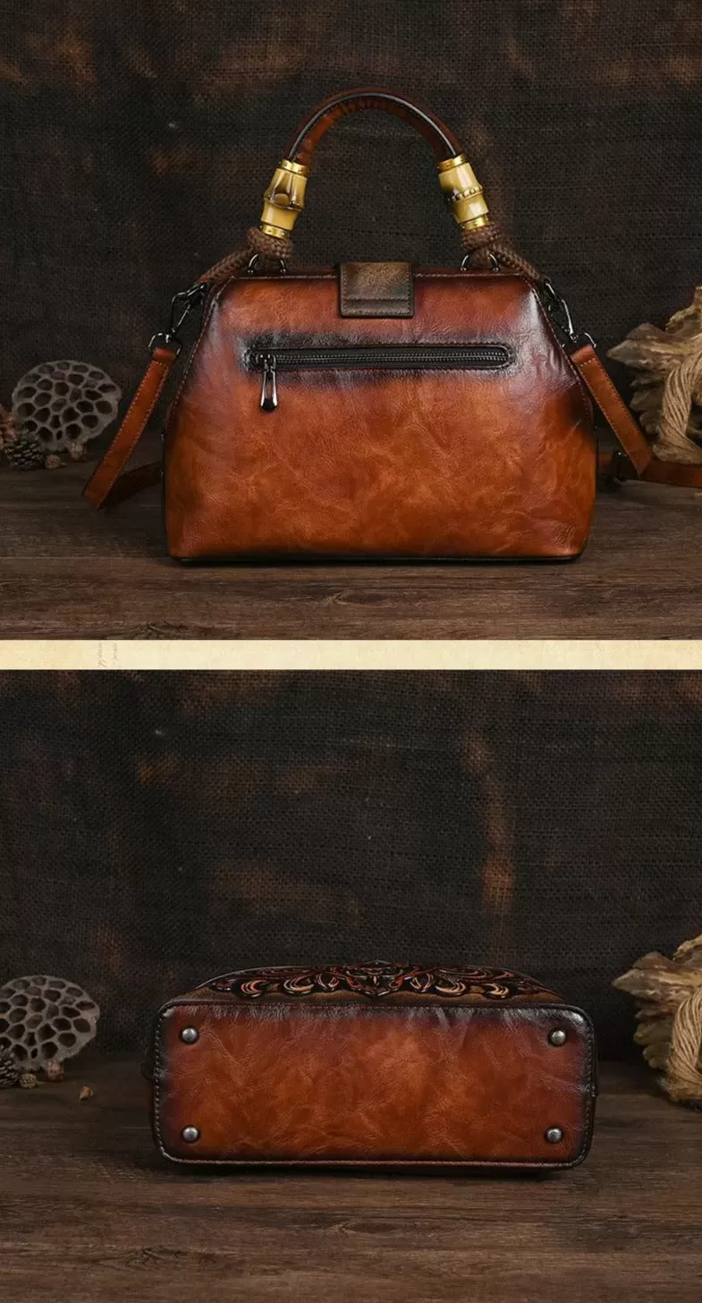 Women Vintage Leather Handmade Carved Bag