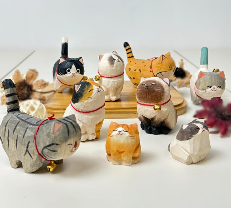Handmade Wooden Cat Figurine For Cat Lover Gift