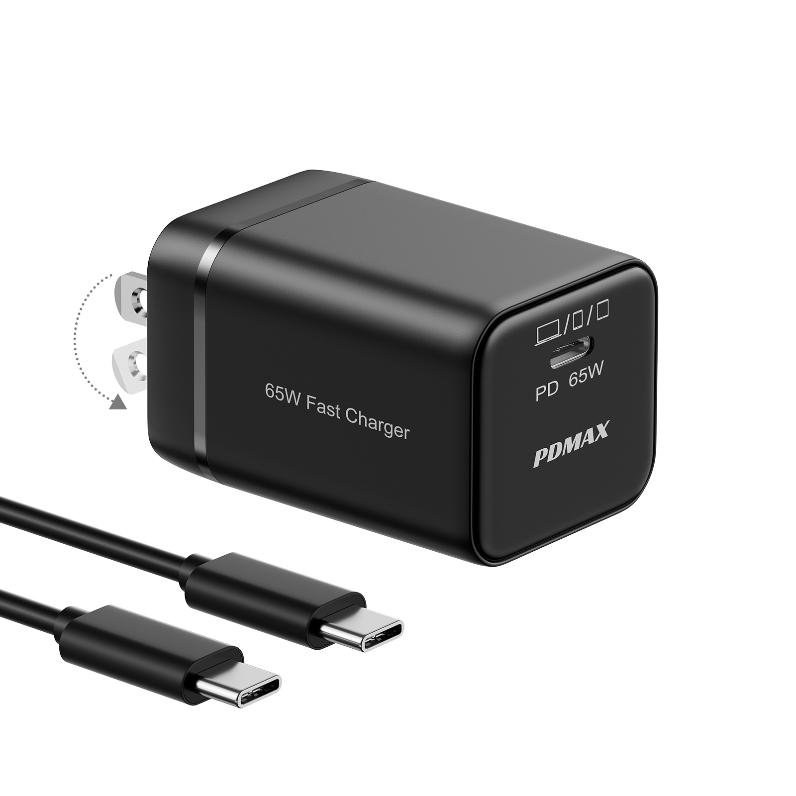 USB C Charger Block, PDMAX GaN II 65W ETL Certified PPS Fast Compact Foldable Charger for MacBook Pro/Air, Dell, iPhone 17/Pro/Pro Max, iPad Pro, Pixel, and More-Black（6ft USB C Cable Included）