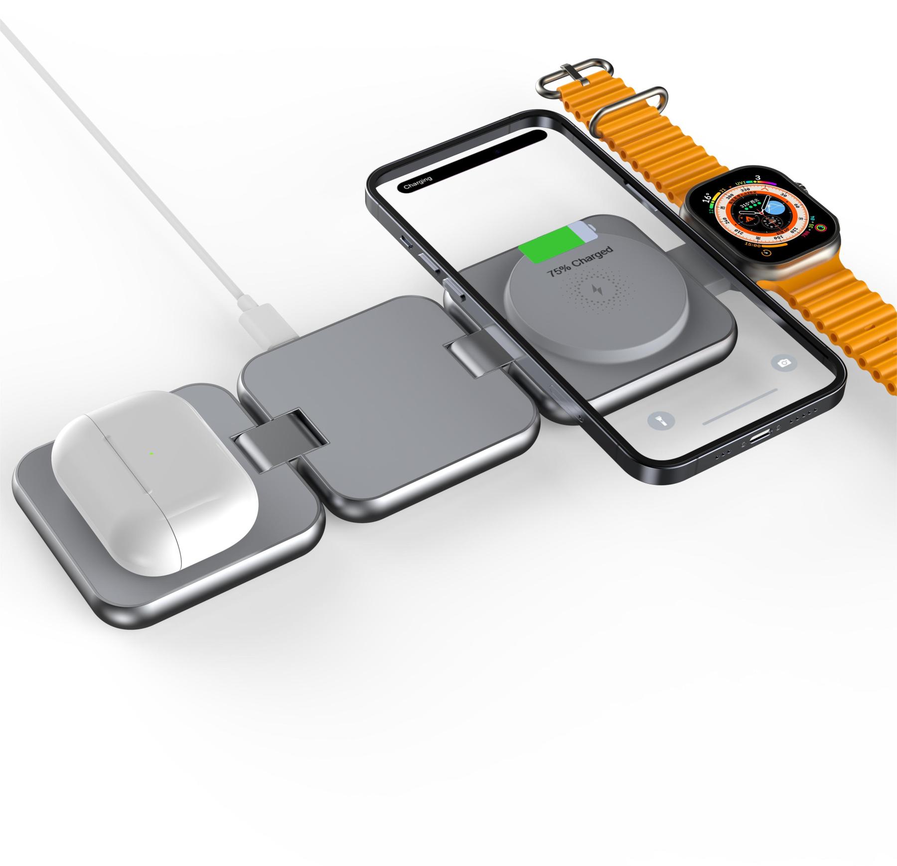 PDMAX Aluminum Mini Portable 3-in-1 Foldable Magnetic Wireless Quick Charger for Phones, Airpods and Smartwatches