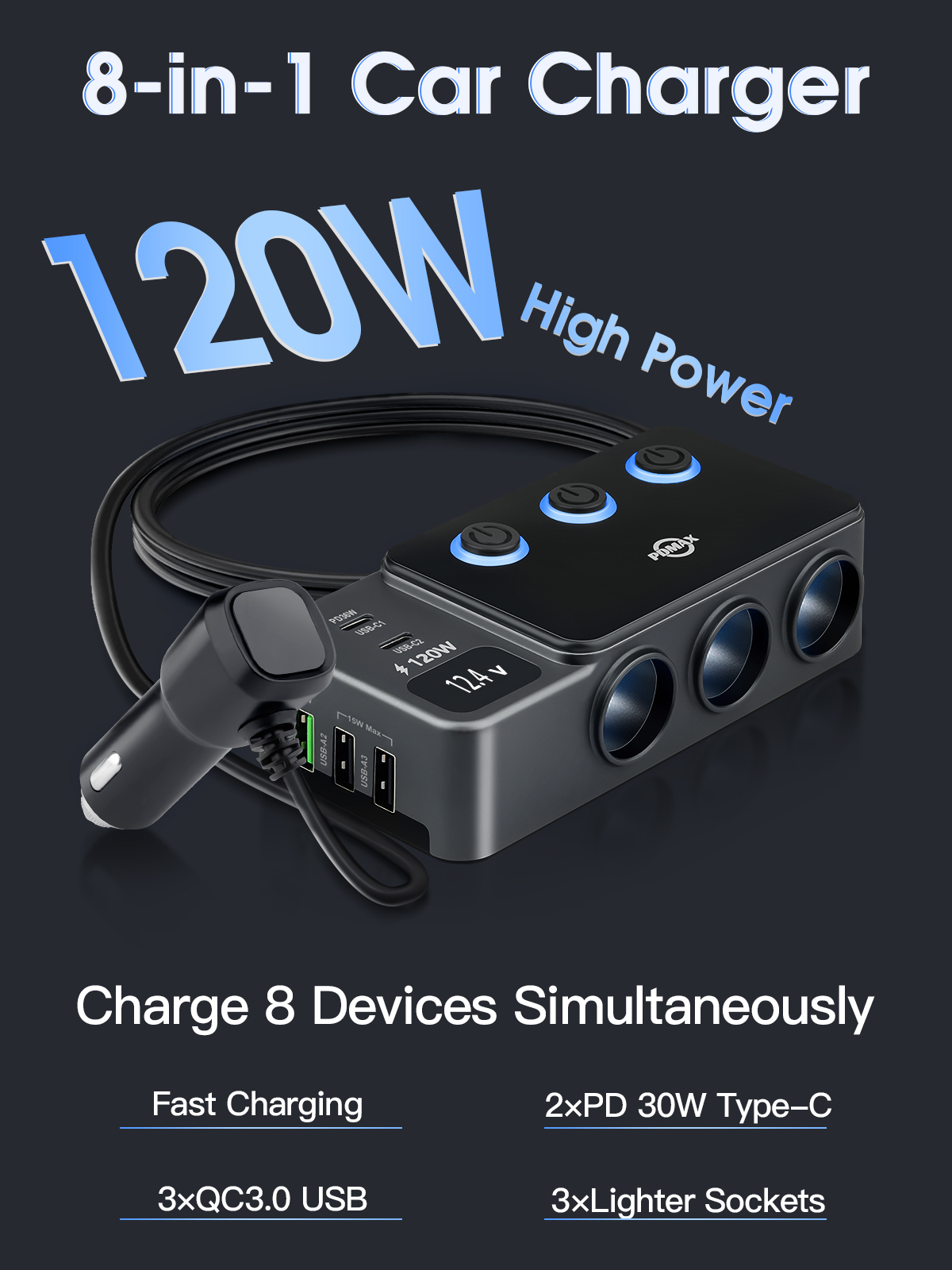 8 in 1 Cigarette Lighter Splitter, 120W Car Charger Adapter with PD 30W Type-C & QC3.0, 3-Socket Car Outlet with 5 USB Ports, LED Voltmeter, Independent Switches, 12V/24V Multi-Port Charger