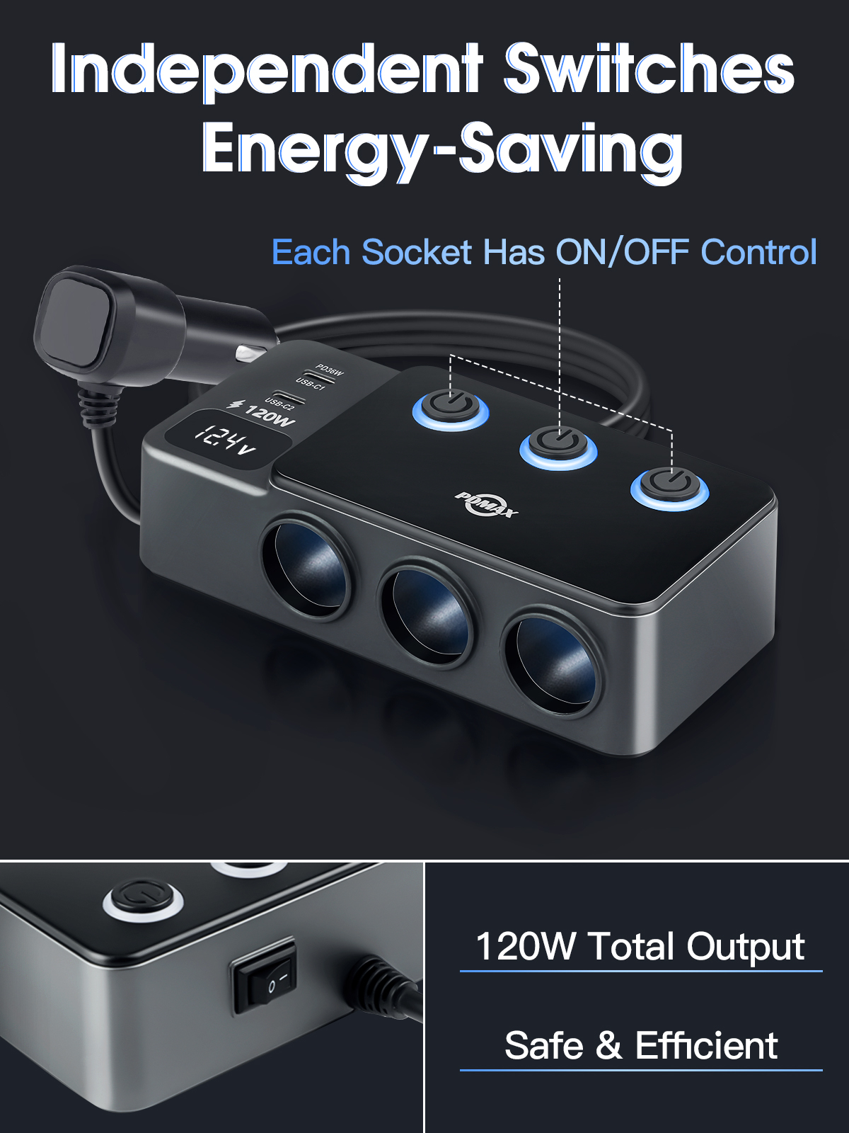 8 in 1 Cigarette Lighter Splitter, 120W Car Charger Adapter with PD 30W Type-C & QC3.0, 3-Socket Car Outlet with 5 USB Ports, LED Voltmeter, Independent Switches, 12V/24V Multi-Port Charger