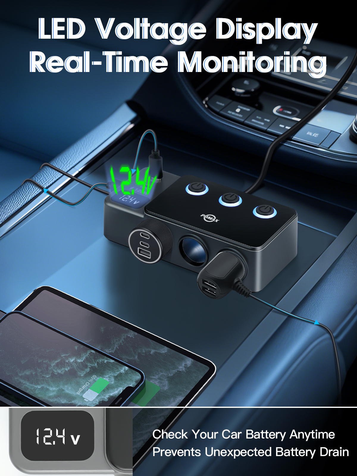 8 in 1 Cigarette Lighter Splitter, 120W Car Charger Adapter with PD 30W Type-C & QC3.0, 3-Socket Car Outlet with 5 USB Ports, LED Voltmeter, Independent Switches, 12V/24V Multi-Port Charger