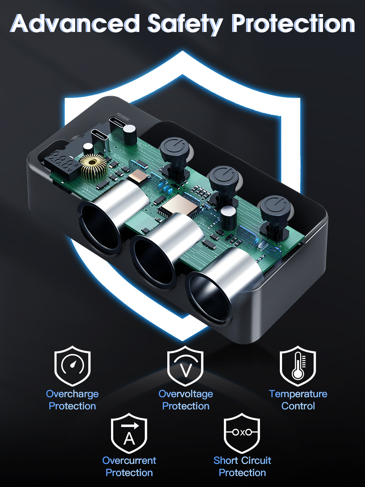 8 in 1 Cigarette Lighter Splitter, 120W Car Charger Adapter with PD 30W Type-C & QC3.0, 3-Socket Car Outlet with 5 USB Ports, LED Voltmeter, Independent Switches, 12V/24V Multi-Port Charger