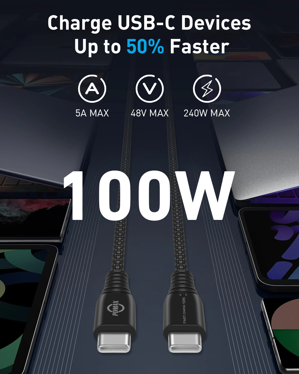 PDMAX USB C to USB C Cable 100W, 5A C to C Cable Fast Charging, Braided USB C Cable 6 FT Compatible for 15/15 Pro/15 Pro Max Samsung Galaxy S23/S22/S21 MacBook Pro/Air and More