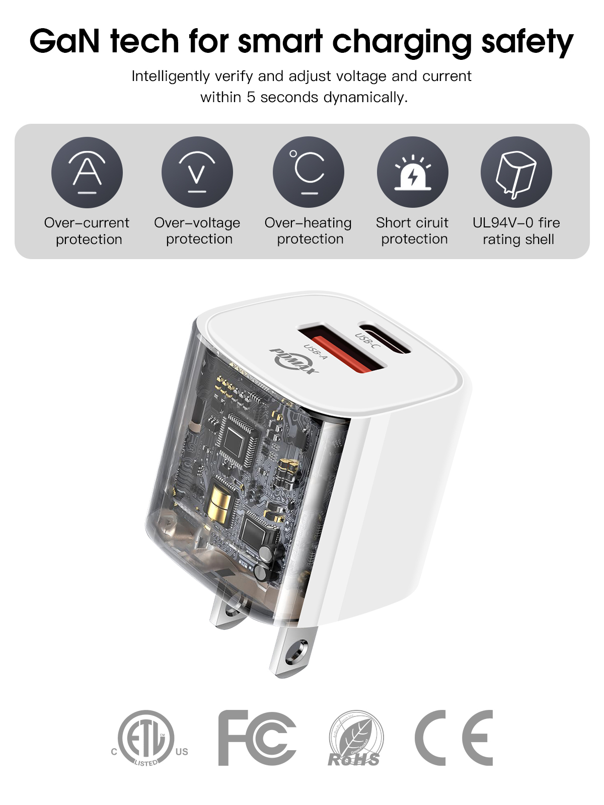 PDMAX 33W USB-C Charger Block, Fast Charging USB-C & USB-A Wall Charger, Dual Port with Gan Tech,for iPhone, Galaxy, Pixel, iPad, AirPods & MacBook Air 