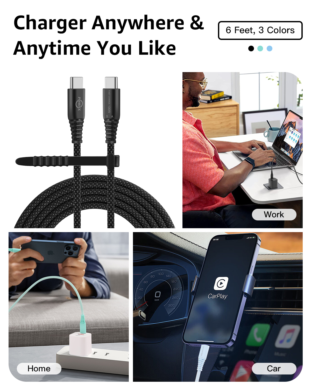 PDMAX USB C to USB C Cable 100W, 5A C to C Cable Fast Charging, Braided USB C Cable 6 FT Compatible for 15/15 Pro/15 Pro Max Samsung Galaxy S23/S22/S21 MacBook Pro/Air and More