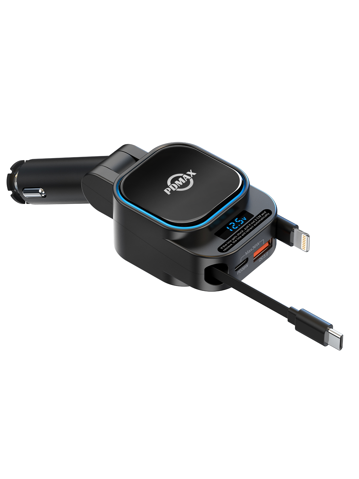 PDMAX Retractable Car Charger Fast Charging 96W - 4 in 1 Cigarette Lighter Adapter with 2 Retractable Cables (USB-C & iOS) and 2 USB Ports, USB-C Car Charger for iPhone,iPad,Galaxy,Pixel and More