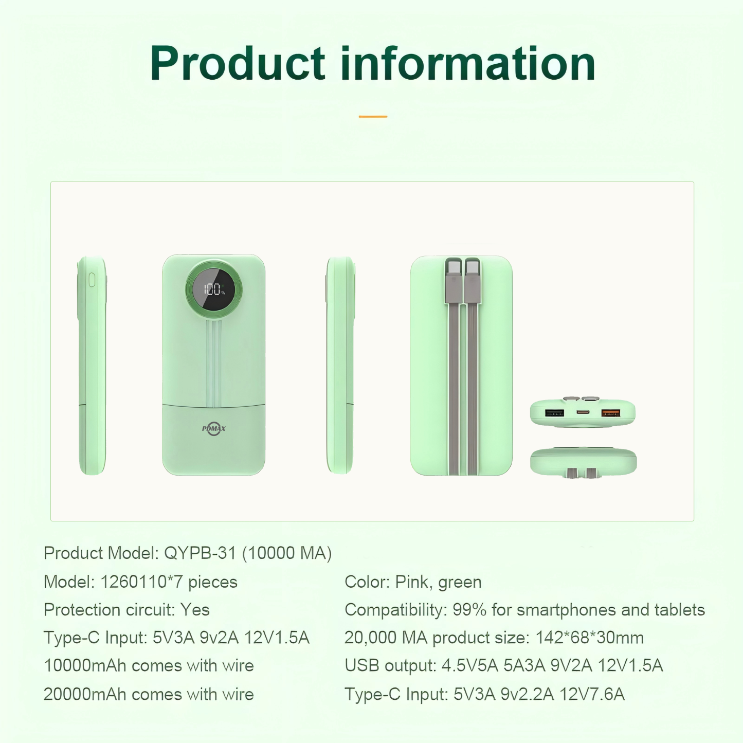 PDMAX 10000mAh big capacity powerbank fast charging powerbank with LED display with built-in charging cable