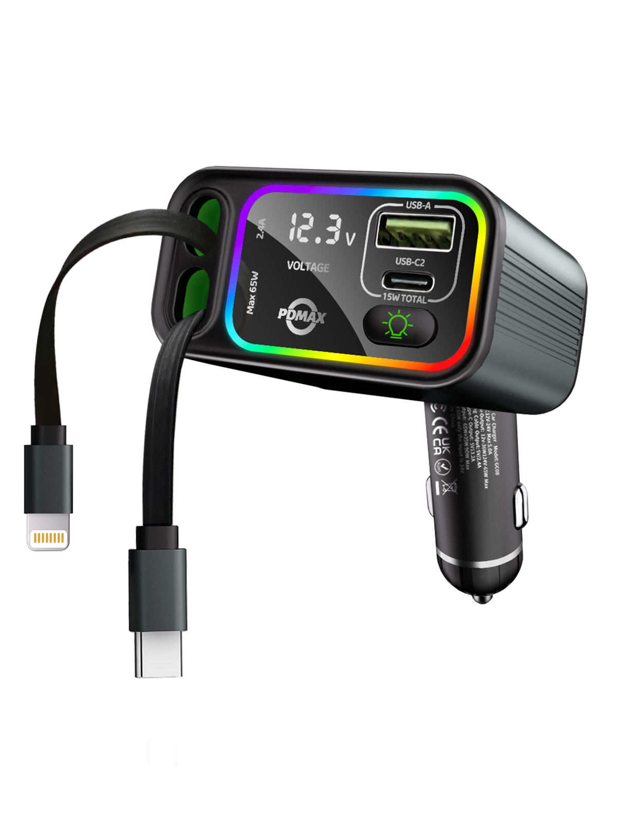 PDMAX 4-in-1 Retractable Car Charger - 90W Fast Car Phone Charger with Dual Retractable Cables (USB-C & iOS) and USB Ports, Compatible with iPhone 15/14/13/12/11, iPad Pro, S24/23/22, Pixel