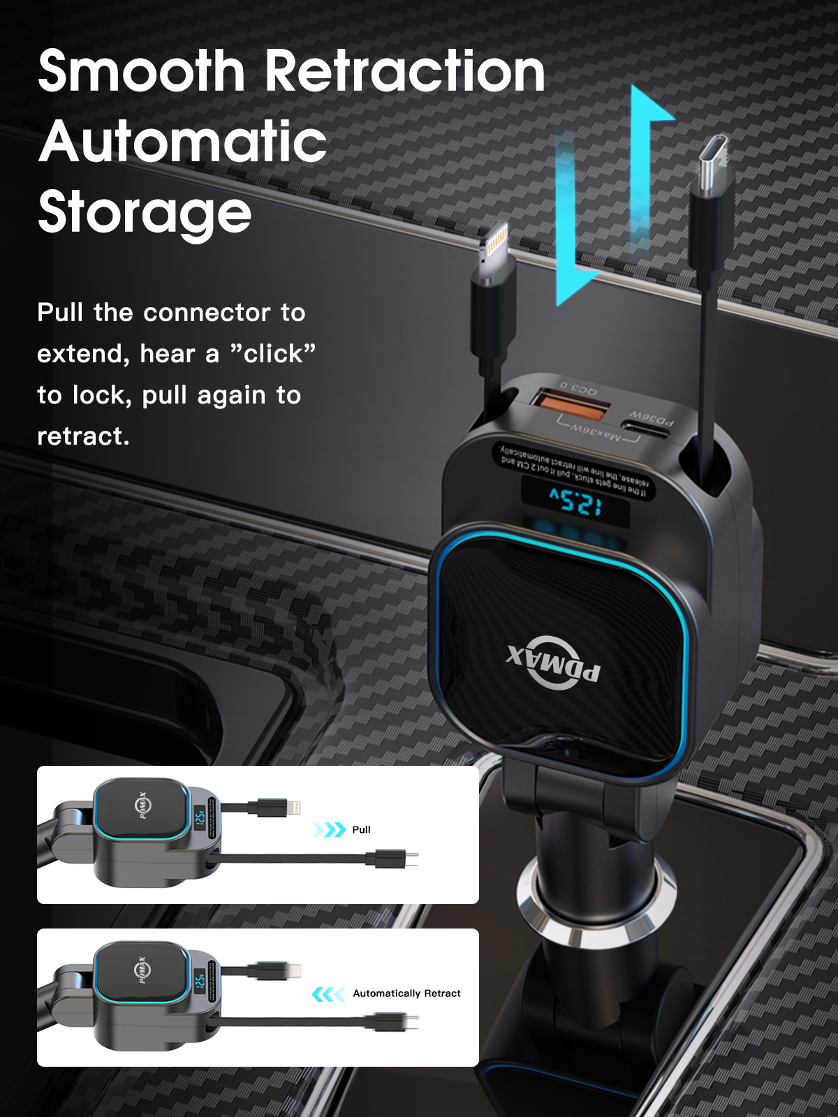 PDMAX Retractable Car Charger Fast Charging 96W - 4 in 1 Cigarette Lighter Adapter with 2 Retractable Cables (USB-C & iOS) and 2 USB Ports, USB-C Car Charger for iPhone,iPad,Galaxy,Pixel and More