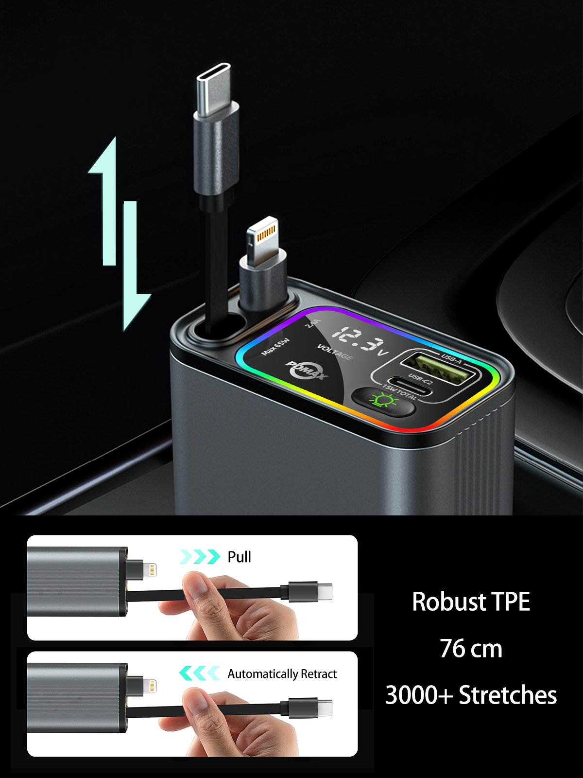 PDMAX 4-in-1 Retractable Car Charger - 90W Fast Car Phone Charger with Dual Retractable Cables (USB-C & iOS) and USB Ports, Compatible with iPhone 15/14/13/12/11, iPad Pro, S24/23/22, Pixel