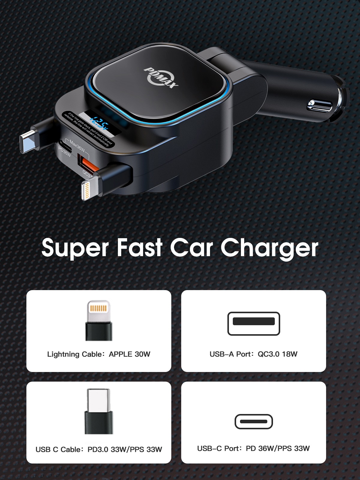 PDMAX Retractable Car Charger Fast Charging 96W - 4 in 1 Cigarette Lighter Adapter with 2 Retractable Cables (USB-C & iOS) and 2 USB Ports, USB-C Car Charger for iPhone,iPad,Galaxy,Pixel and More
