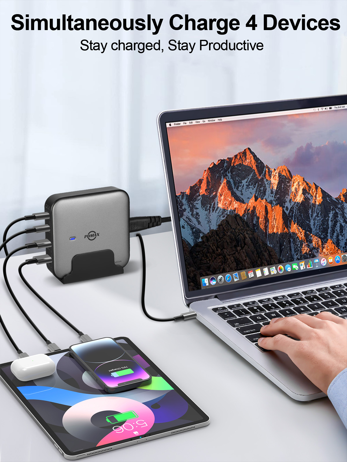 PDMAX USB C Charger Block,Multi-Device Desktop Charger, 4-Port Super Fast Charging Station with Dual USB-C PD 3.0 (70W) and Dual USB-A QC 3.0 (30W), Compatible for iPhone15, iPad, Samsung S24,MacBook