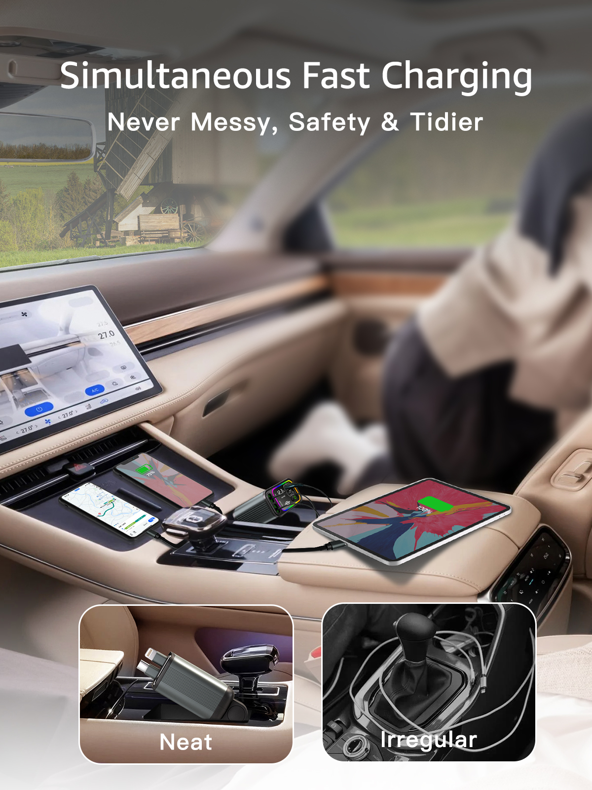 PDMAX 4-in-1 Retractable Car Charger - 90W Fast Car Phone Charger with Dual Retractable Cables (USB-C & iOS) and USB Ports, Compatible with iPhone 15/14/13/12/11, iPad Pro, S24/23/22, Pixel