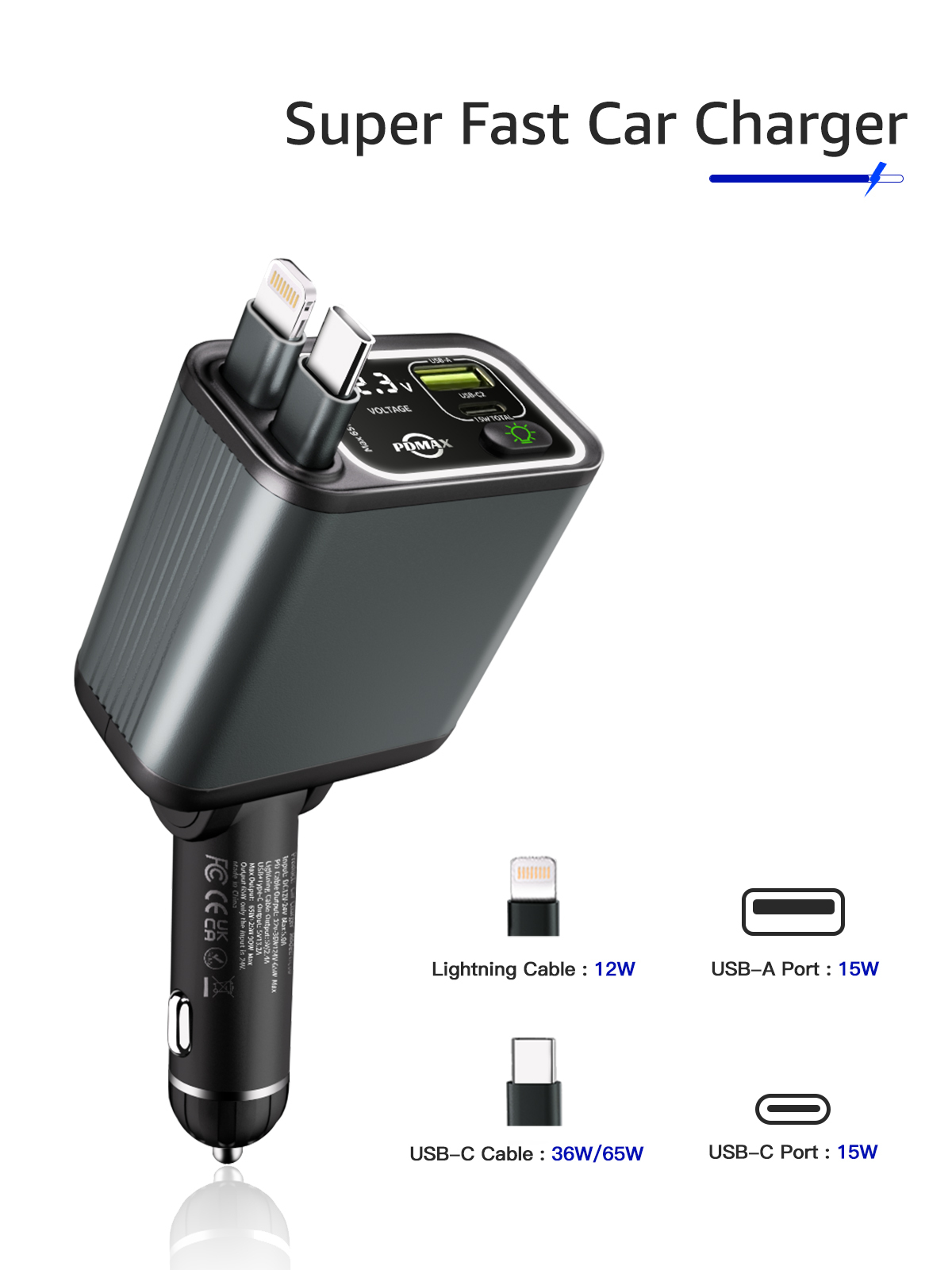 PDMAX 4-in-1 Retractable Car Charger - 90W Fast Car Phone Charger with Dual Retractable Cables (USB-C & iOS) and USB Ports, Compatible with iPhone 15/14/13/12/11, iPad Pro, S24/23/22, Pixel