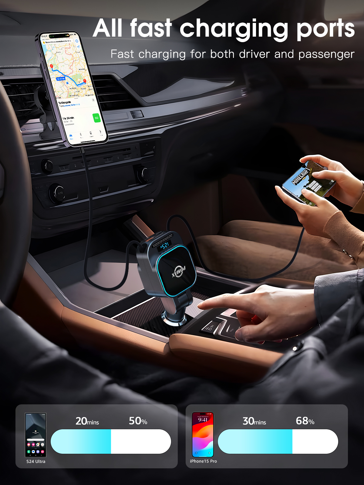 PDMAX Retractable Car Charger Fast Charging 96W - 4 in 1 Cigarette Lighter Adapter with 2 Retractable Cables (USB-C & iOS) and 2 USB Ports, USB-C Car Charger for iPhone,iPad,Galaxy,Pixel and More