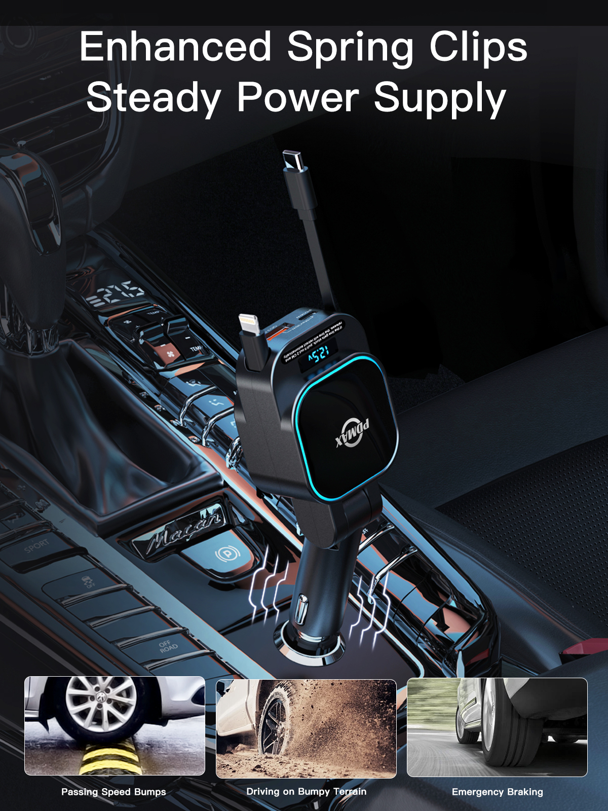 PDMAX Retractable Car Charger Fast Charging 96W - 4 in 1 Cigarette Lighter Adapter with 2 Retractable Cables (USB-C & iOS) and 2 USB Ports, USB-C Car Charger for iPhone,iPad,Galaxy,Pixel and More