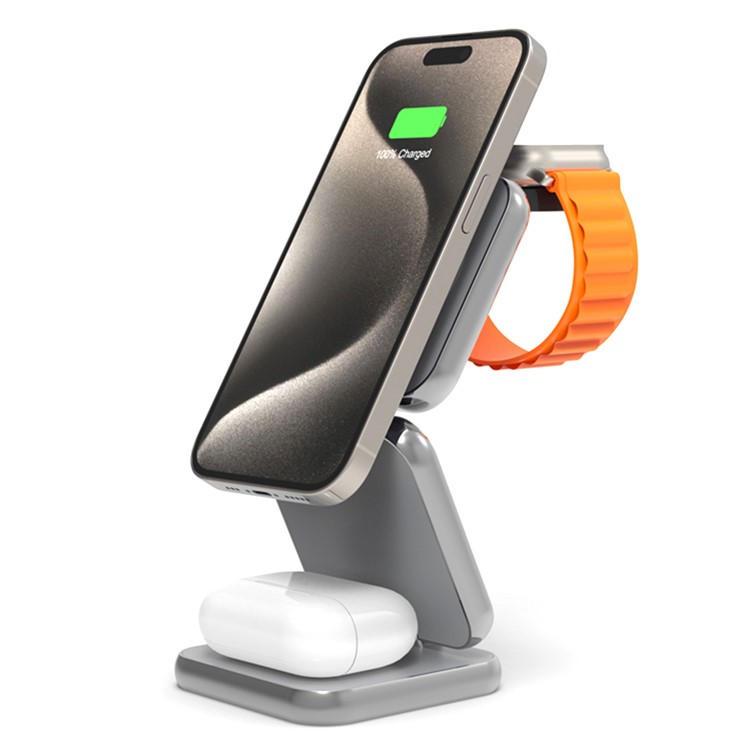 PDMAX Aluminum Mini Portable 3-in-1 Foldable Magnetic Wireless Quick Charger for Phones, Airpods and Smartwatches