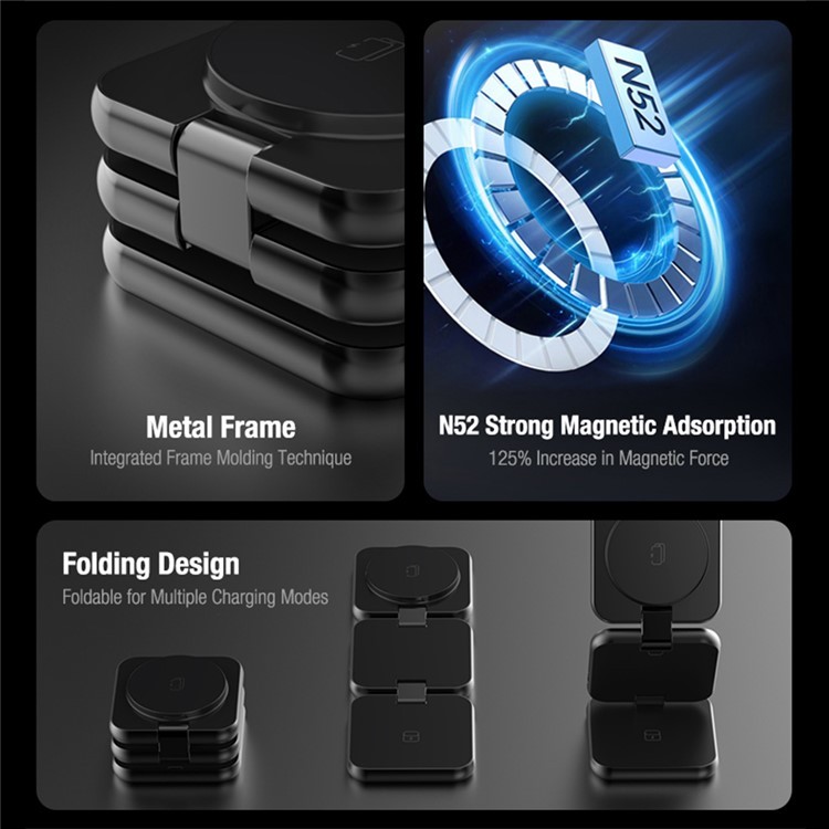 PDMAX Aluminum Mini Portable 3-in-1 Foldable Magnetic Wireless Quick Charger for Phones, Airpods and Smartwatches