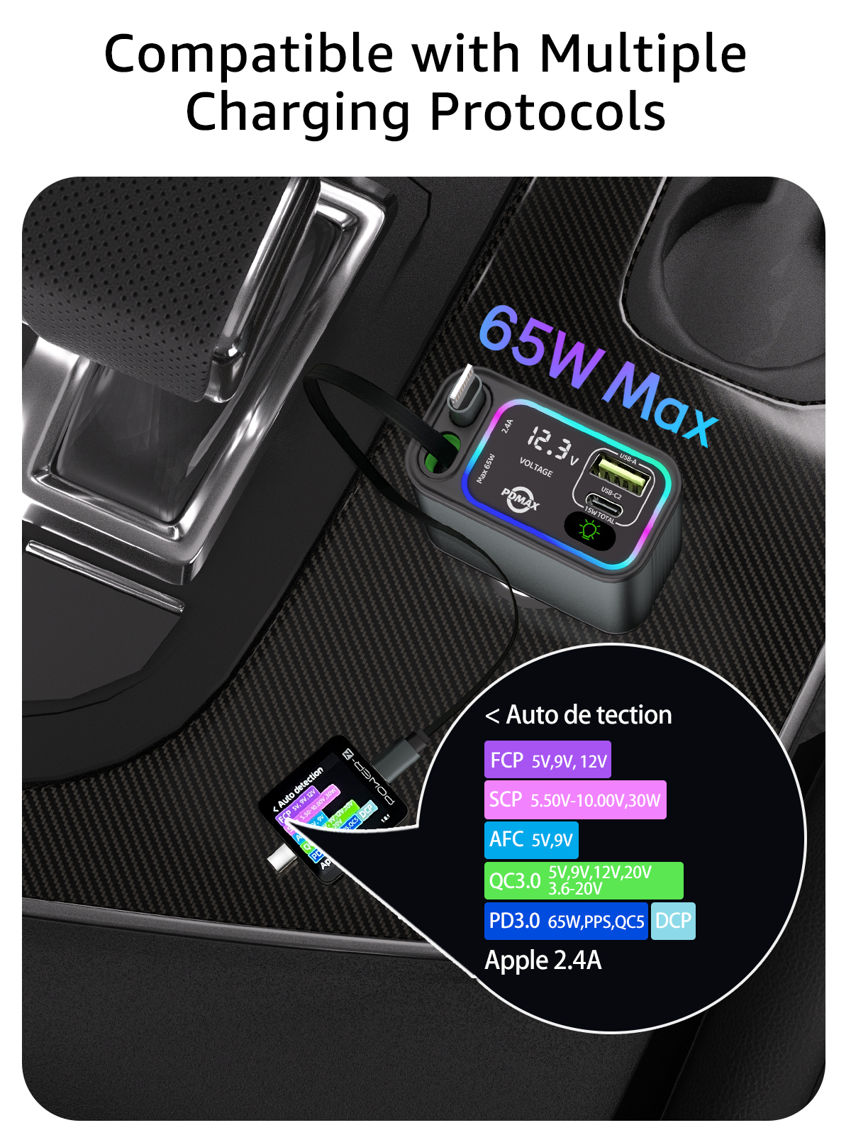 PDMAX 4-in-1 Retractable Car Charger - 90W Fast Car Phone Charger with Dual Retractable Cables (USB-C & iOS) and USB Ports, Compatible with iPhone 15/14/13/12/11, iPad Pro, S24/23/22, Pixel