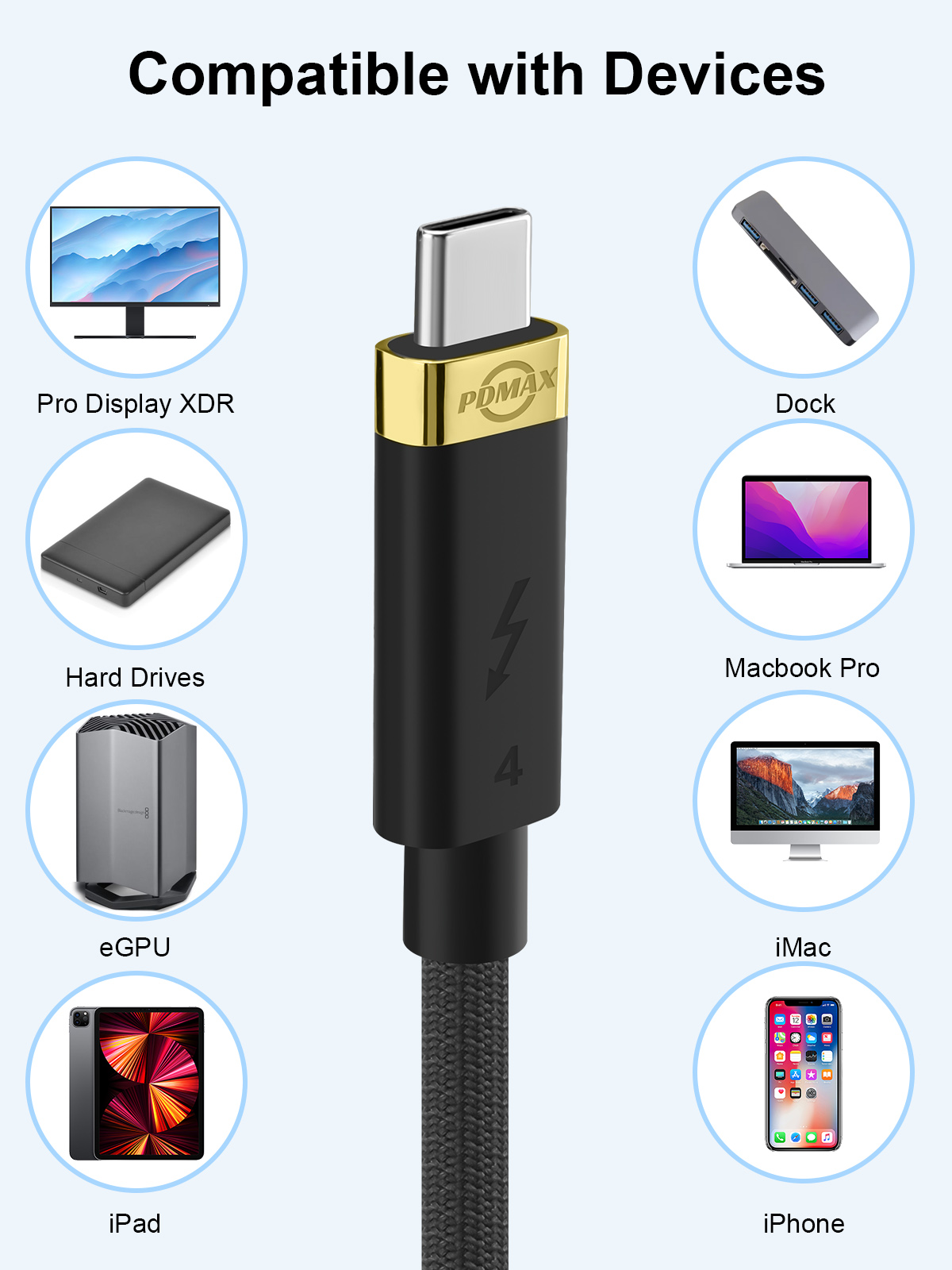 PDMAX 2.6FT Thunderbolt 4 Cable,Compatible with Thunderbolt 4/Thunderbolt 3 Cable, 4K/8K Video,40Gbps Data Transfer,240W Charging,for MacBook,Dell,HP,and More