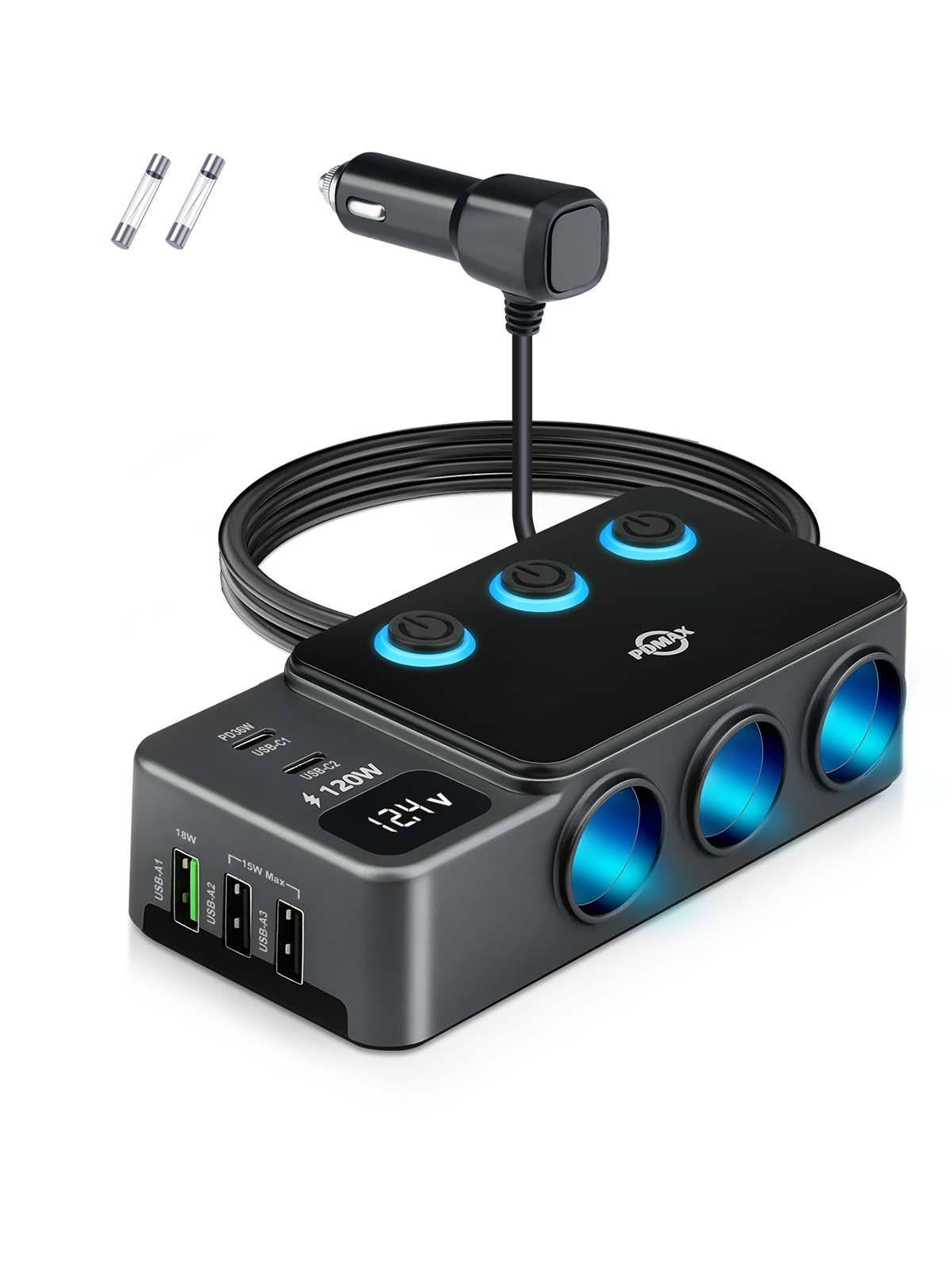 8 in 1 Cigarette Lighter Splitter, 120W Car Charger Adapter with PD 30W Type-C & QC3.0, 3-Socket Car Outlet with 5 USB Ports, LED Voltmeter, Independent Switches, 12V/24V Multi-Port Charger