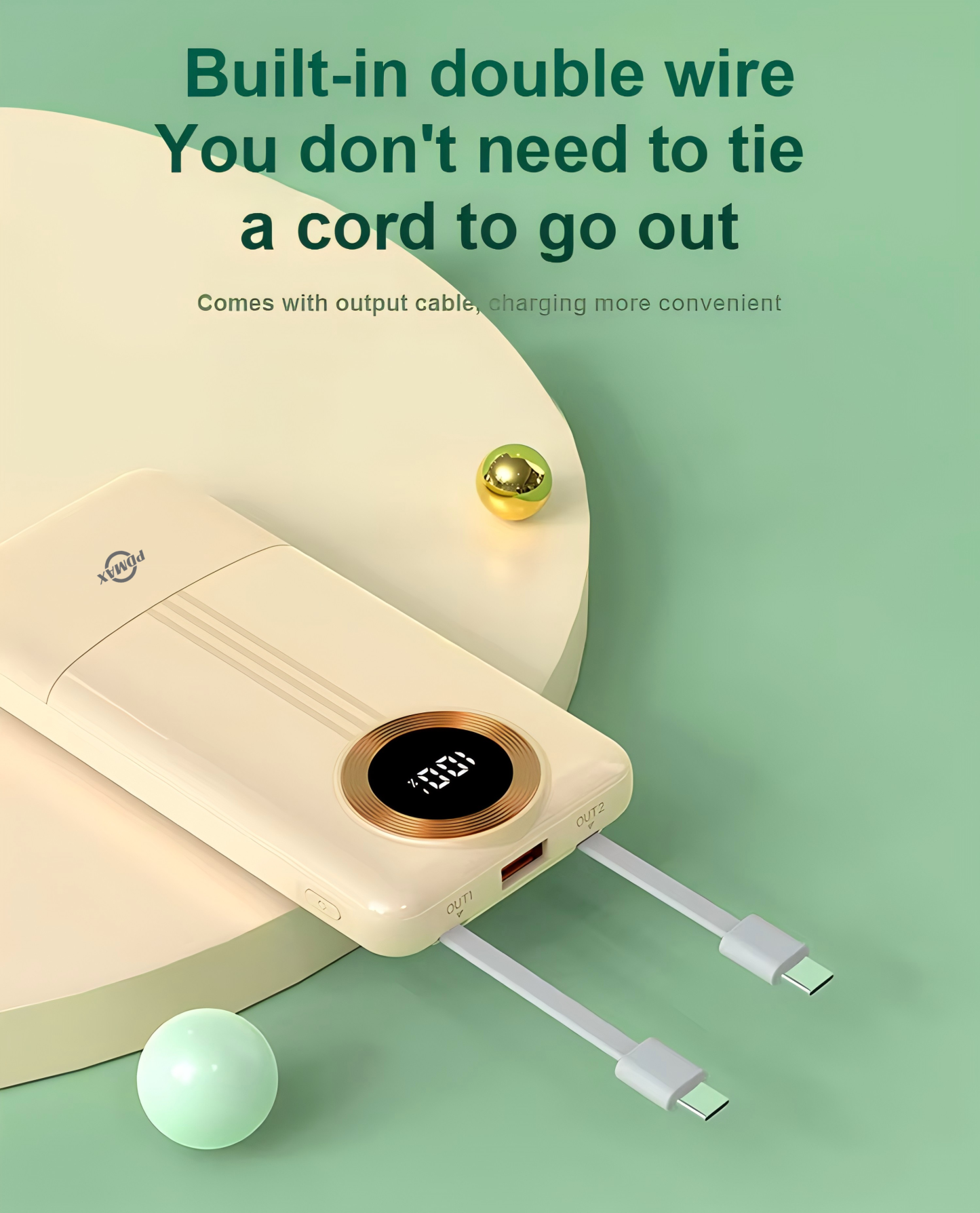 PDMAX 10000mAh big capacity powerbank fast charging powerbank with LED display with built-in charging cable