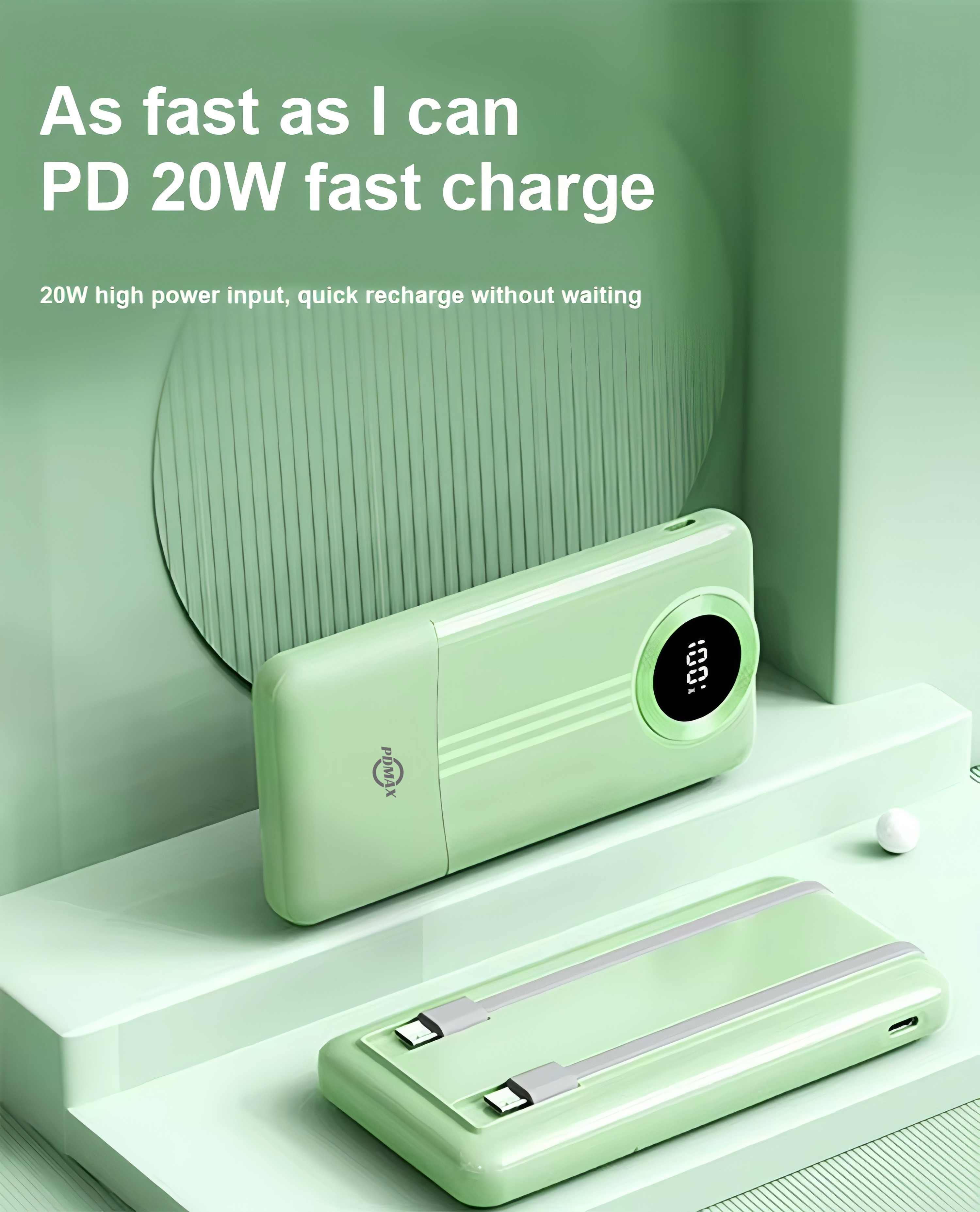 PDMAX 10000mAh big capacity powerbank fast charging powerbank with LED display with built-in charging cable