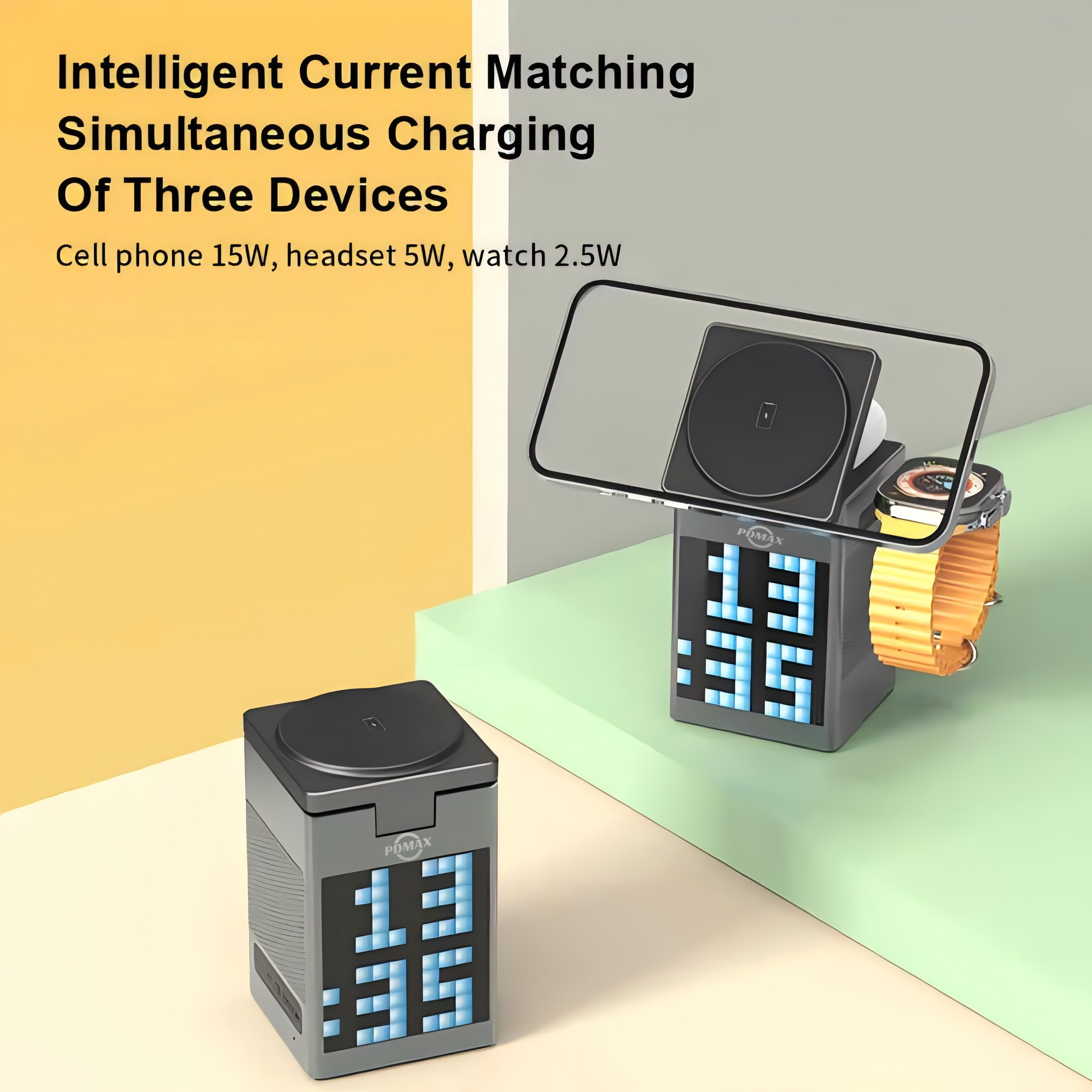 PDMAX Compact 6-in-1 Wireless Charger with Speaker, Night Light, and Logo for iPhones – Fast Charging, Magnetic Design, and Multifunctional Features.