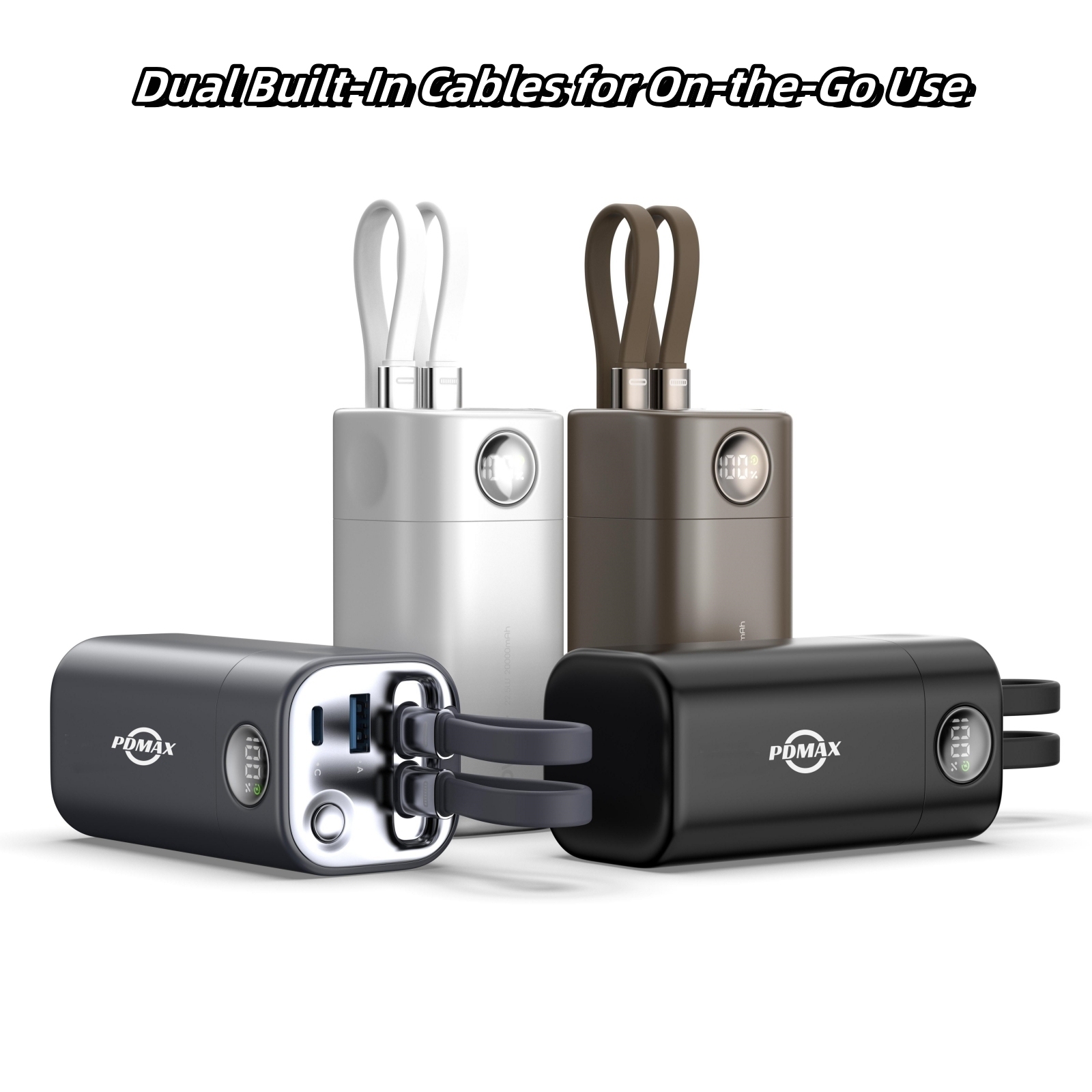 PDMAX 35W Portable Power Bank with Built-in Cables, Fast Charging Battery Pack with LED Display, Compatible with iPhone, Samsung, iPad and More