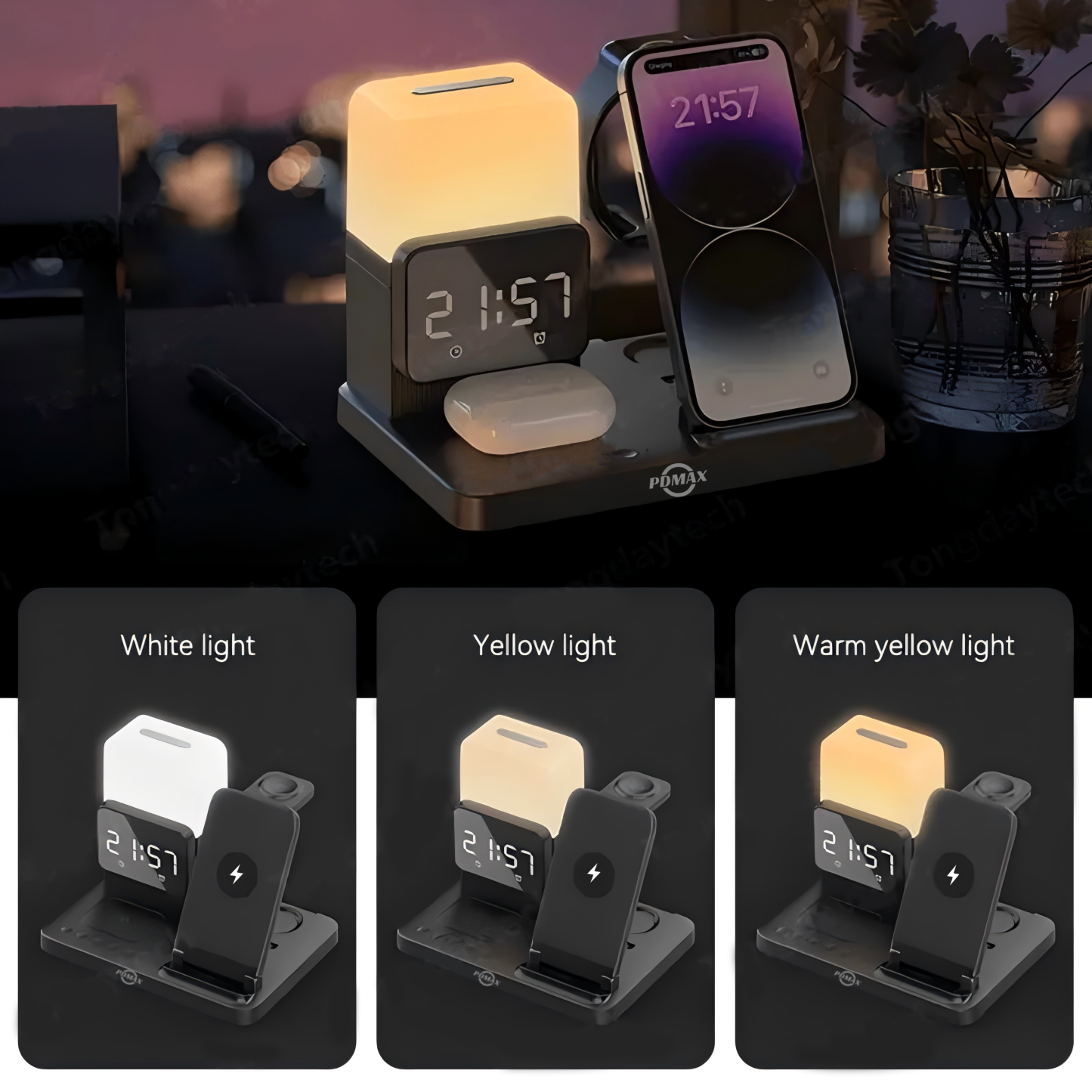 PDMAX  6 in 1 Wireless charger Cell phone Holder Multifunctional Wireless Charger with night Light and Alarm Clock