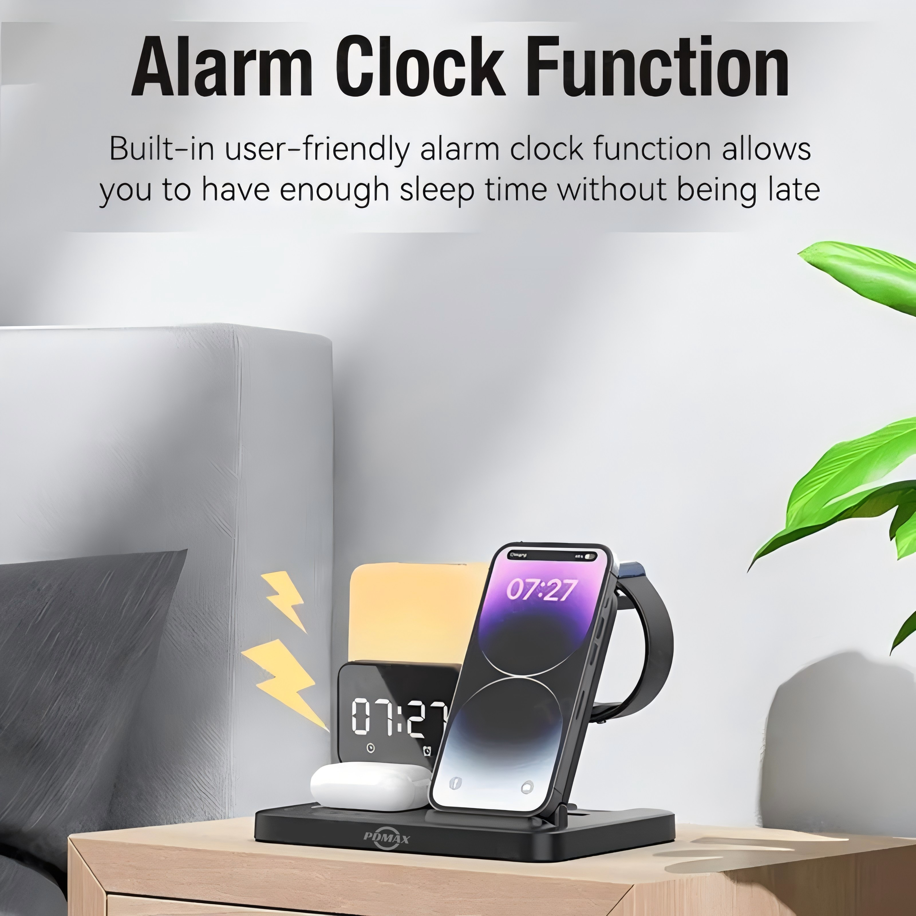 PDMAX  6 in 1 Wireless charger Cell phone Holder Multifunctional Wireless Charger with night Light and Alarm Clock