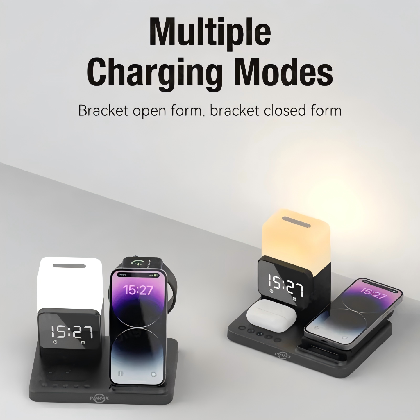 PDMAX  6 in 1 Wireless charger Cell phone Holder Multifunctional Wireless Charger with night Light and Alarm Clock