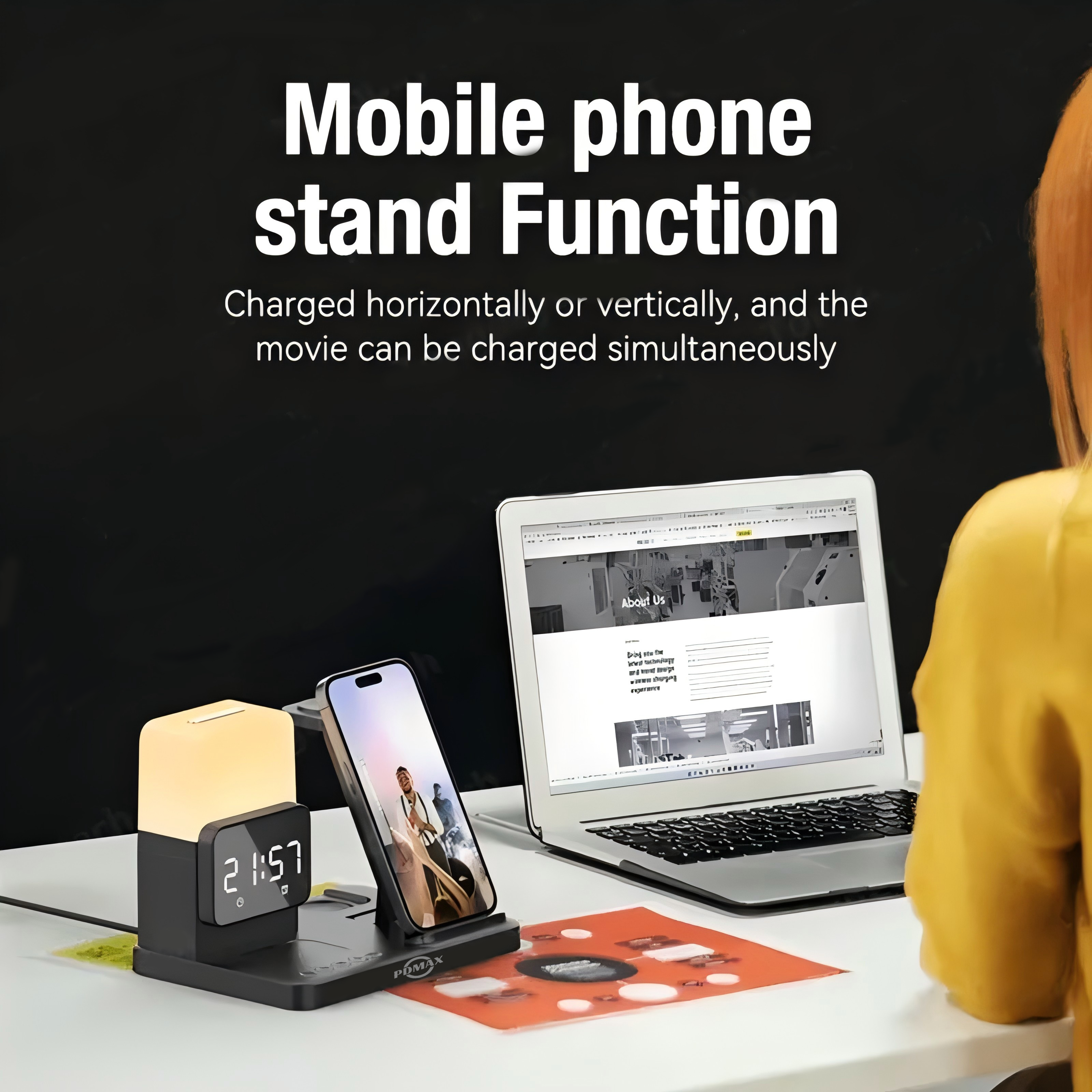 PDMAX  6 in 1 Wireless charger Cell phone Holder Multifunctional Wireless Charger with night Light and Alarm Clock