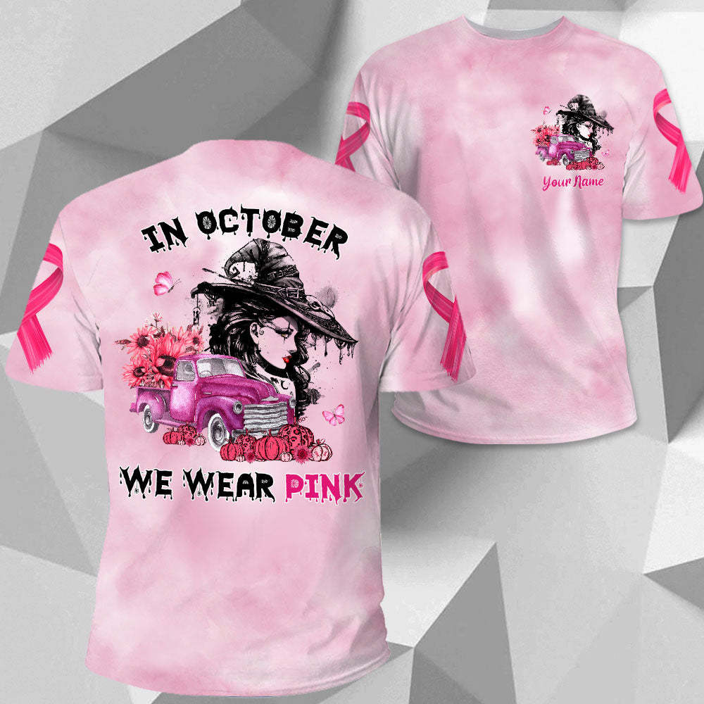 In October We Wear Pink, Shirts For Breast Cancer Family Member, Halloween Truck With Sunflower, Pumpkin & Witch, Name Can Be Changed