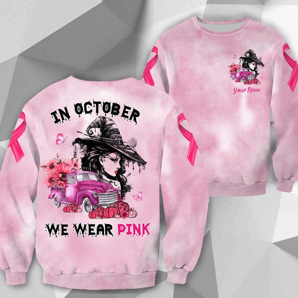 In October We Wear Pink, Shirts For Breast Cancer Family Member, Halloween Truck With Sunflower, Pumpkin & Witch, Name Can Be Changed