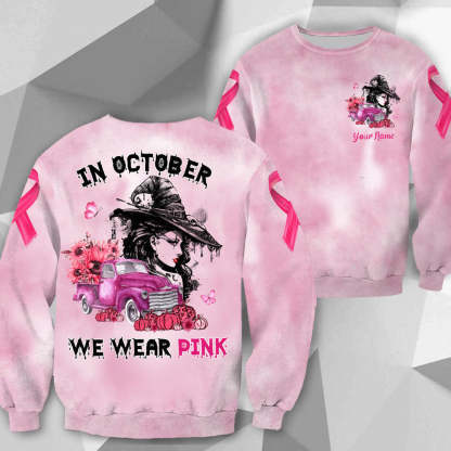 In October We Wear Pink, Shirts For Breast Cancer Family Member, Halloween Truck With Sunflower, Pumpkin & Witch, Name Can Be Changed