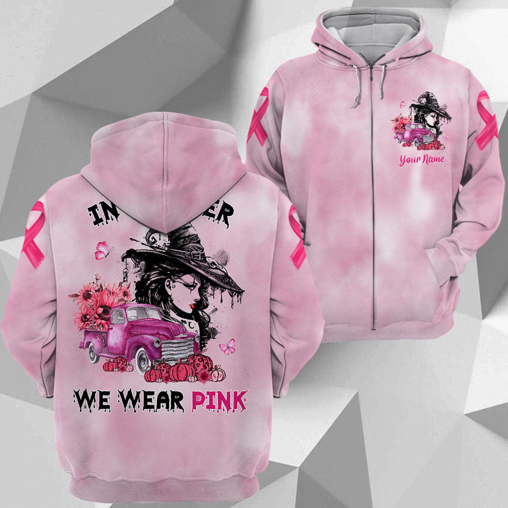 In October We Wear Pink, Shirts For Breast Cancer Family Member, Halloween Truck With Sunflower, Pumpkin & Witch, Name Can Be Changed