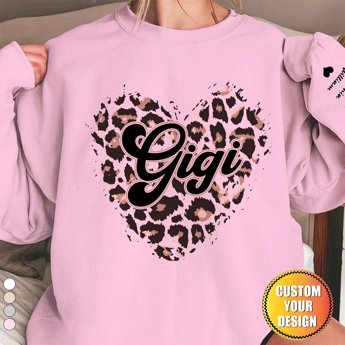 Grandma Heart Leopard Pattern Personalized Sweatshirt Sleeve Kid Names