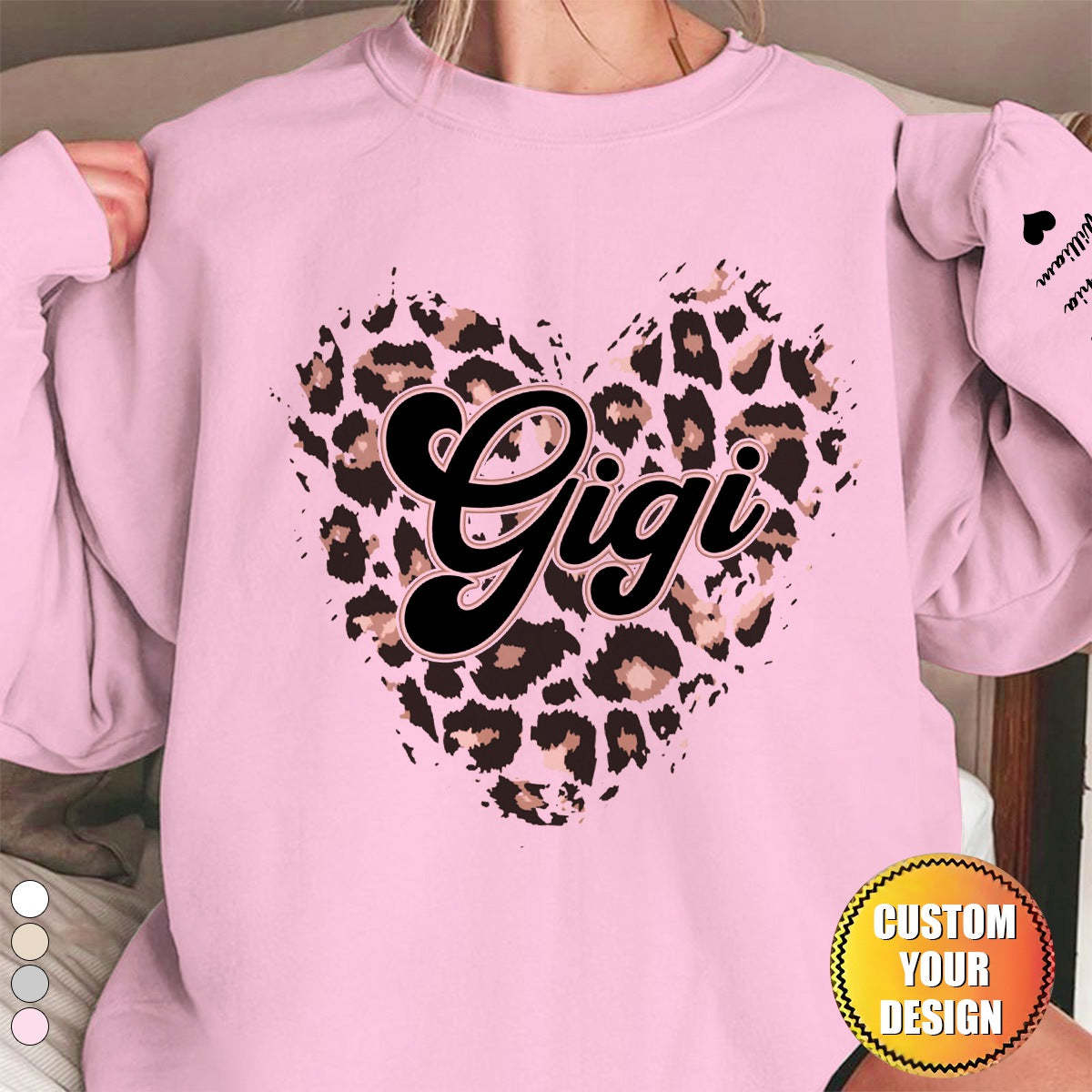 Grandma Heart Leopard Pattern Personalized Sweatshirt Sleeve Kid Names
