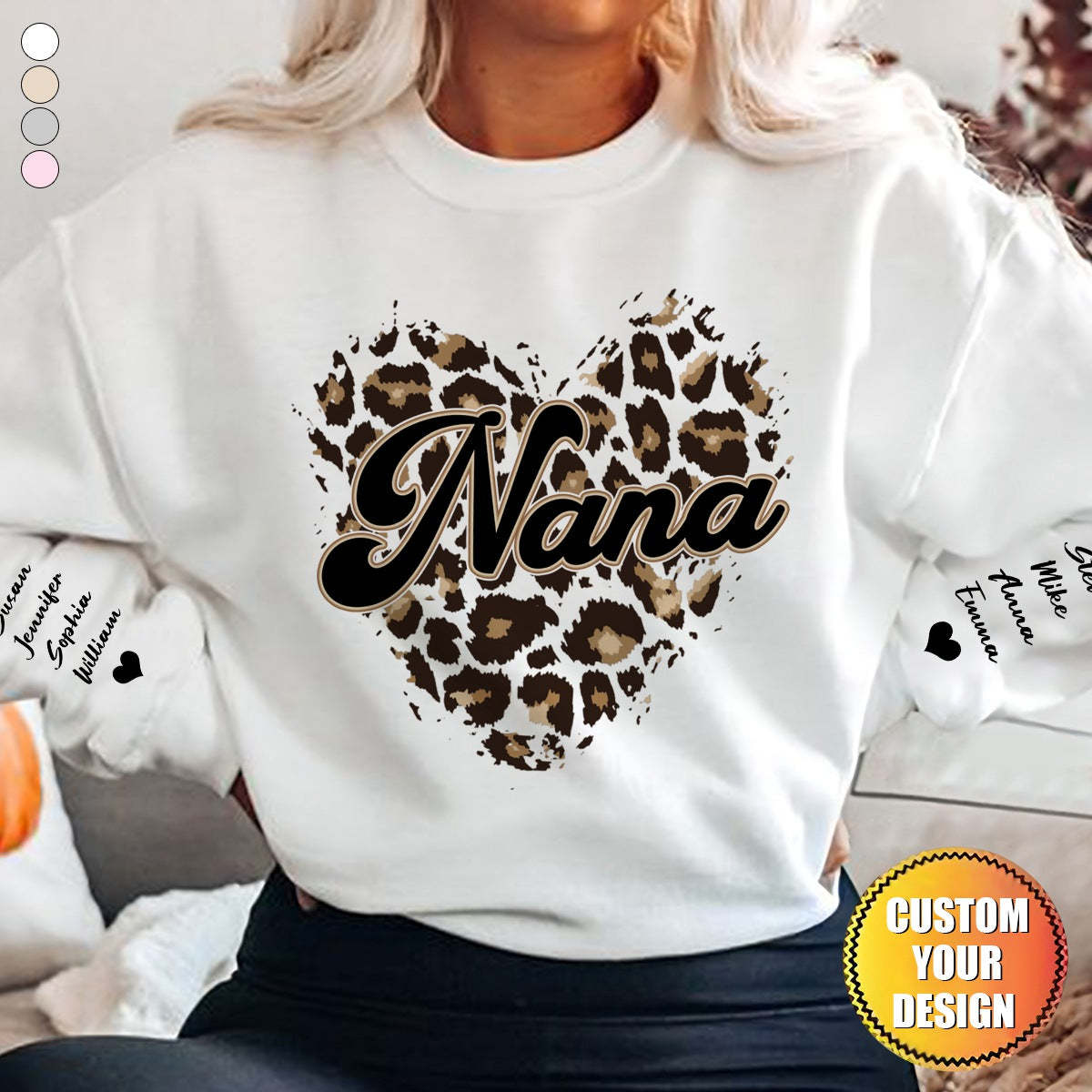Grandma Heart Leopard Pattern Personalized Sweatshirt Sleeve Kid Names