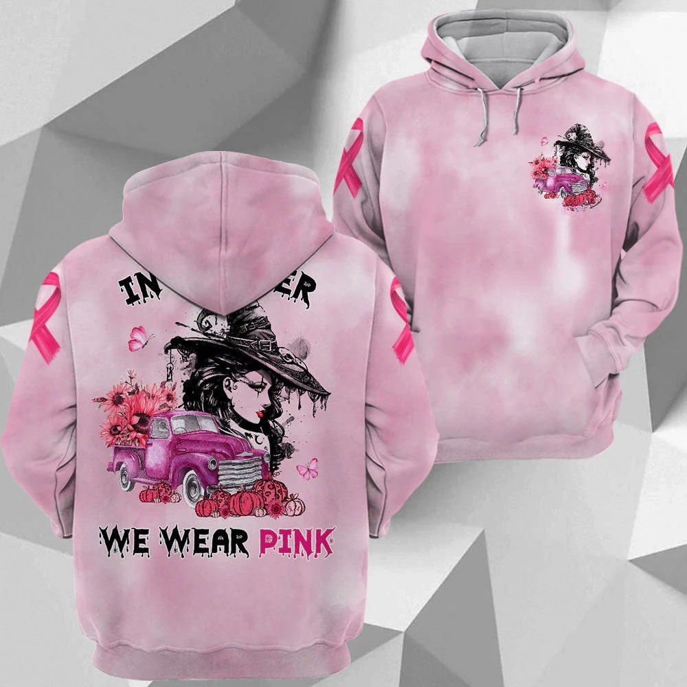 In October We Wear Pink, Shirts For Breast Cancer Family Member, Halloween Truck With Sunflower, Pumpkin & Witch, Name Can Be Changed